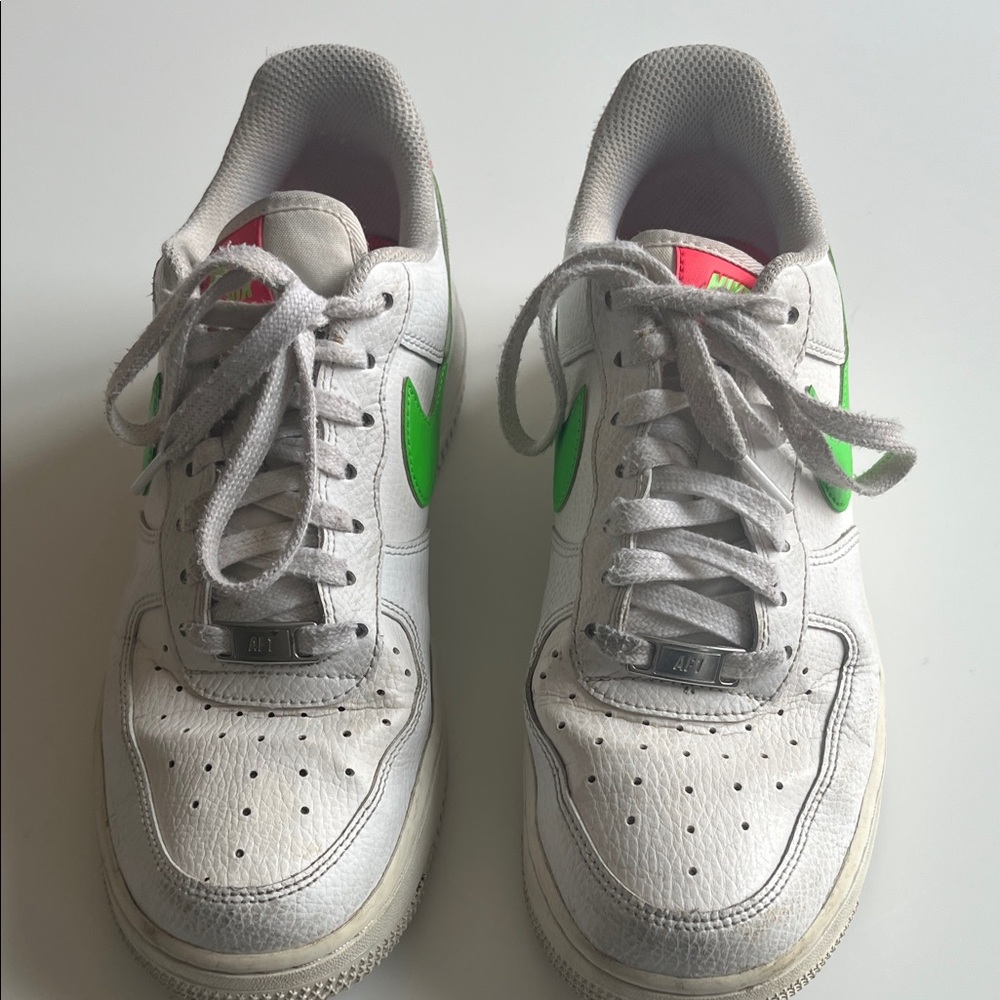 Nike White Sneakers AF1 Air Force 1 with Neon Green Accents